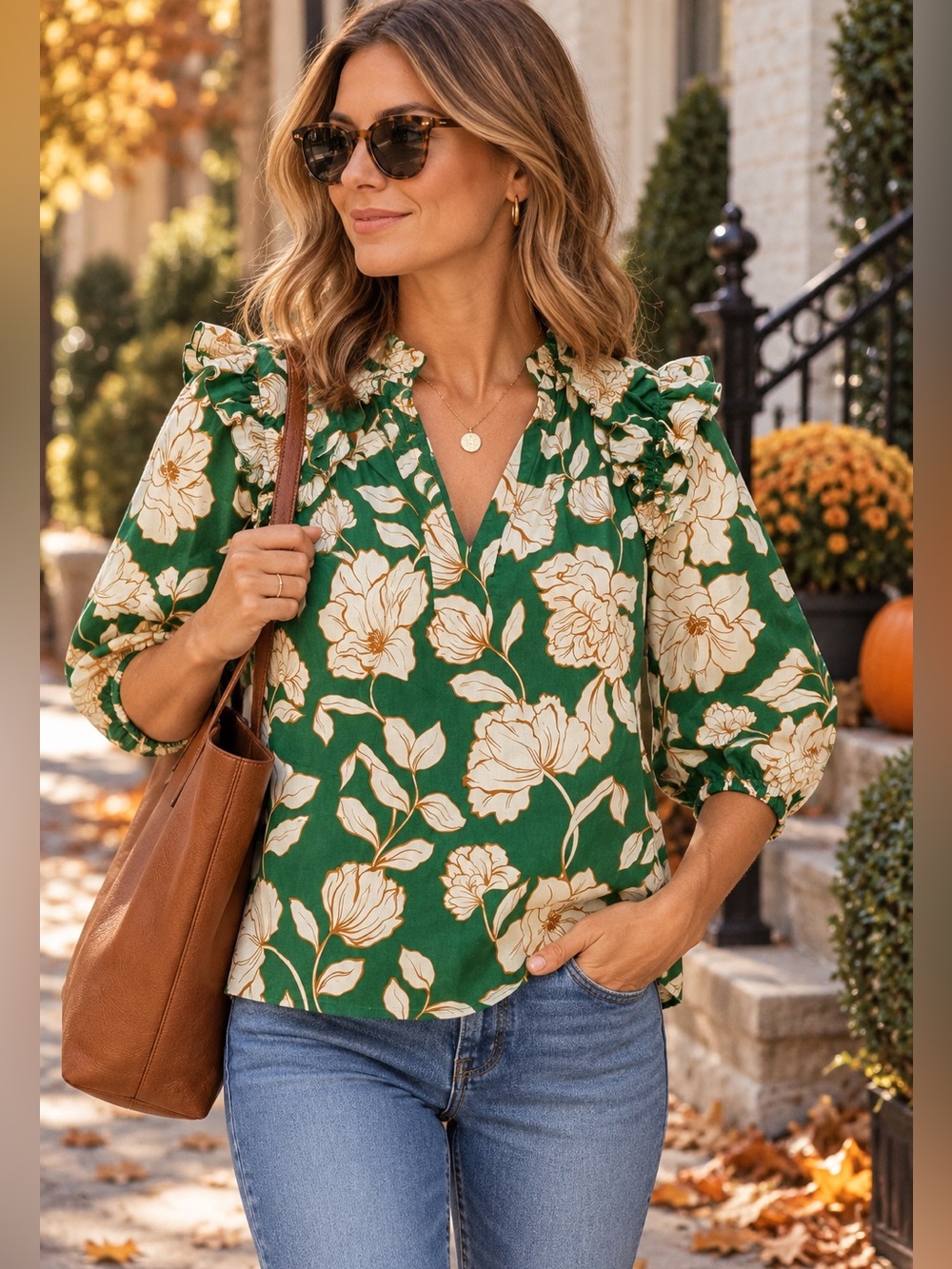 Sugarlips Green Floral Ruffle Puff Sleeve Blouse Top Large Cotton Size Large